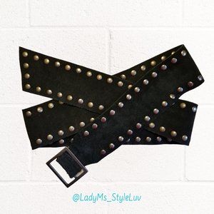 Wide Black Suede Leather Belt Gunmetal Flat Studs 53" Studded Boho Hip
